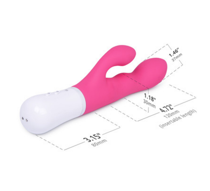 Nora Bluetooth Dual Vibrator with illustrated size dimensions.