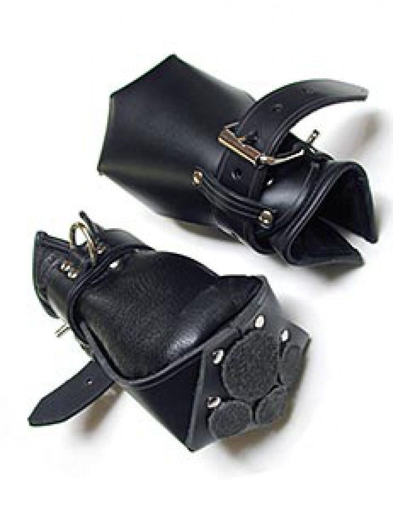 The Leather Puppy Paw Print Fist Mitts with buckles.