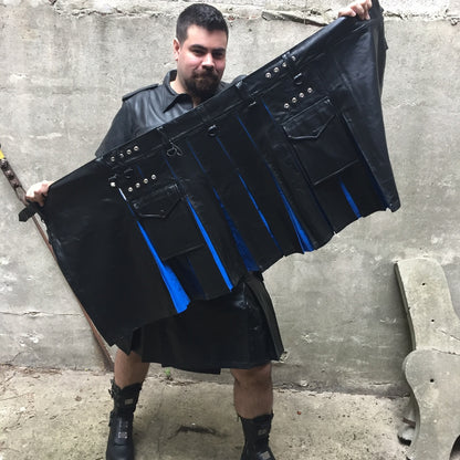 Cowhide Contrast Pleat Cargo Kilt, Black with Blue Pleats.