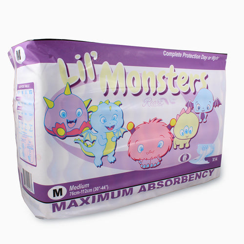 A package of Rearz Disposables Diapers Lil' Monsters.