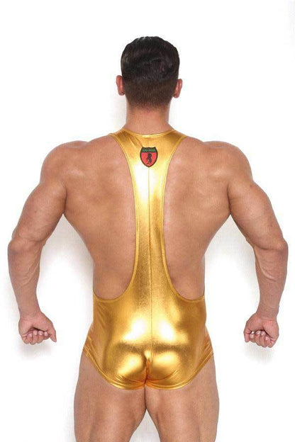 Liquid Dreams Metallic Wrestling Singlet in gold on model rear view