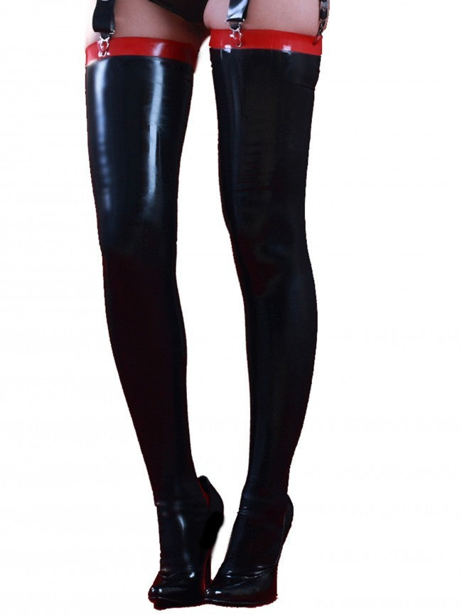 A model's legs wearing the Latex Siren Stockings with black high heels, front view.