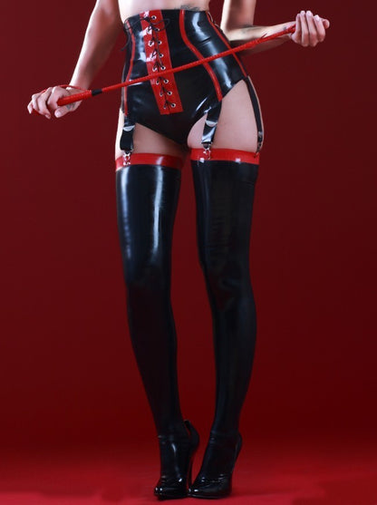 A model wearing the Latex Siren Stockings with black garter belt and panties, front view.
