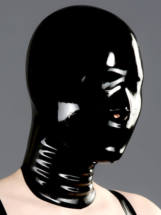 Black Latex Hood with Nose Holes on model.