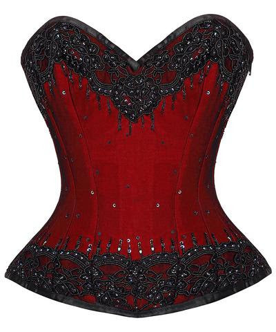 The front of the red and black Beaded Lace Overlay Couture Corset.