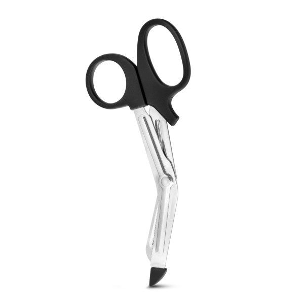 A pair of Temptasia Safety Scissors, silver with black handles.