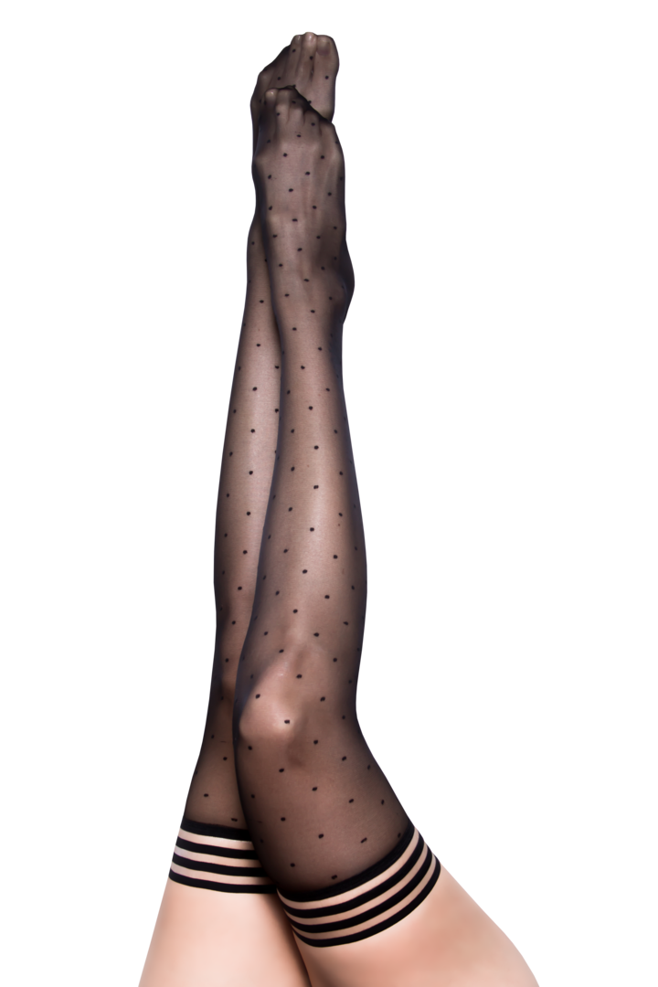 Ally Black Polka Dot Thigh Highs on model close up frontal view of legs