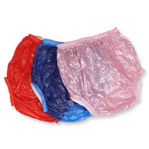 A red, blue and pink pair of Christy Plastic Pants.