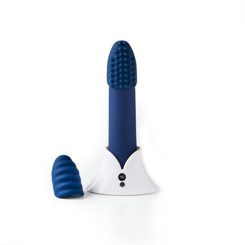 The navy blue Sensuelle Point Plus Vibrator with attachments in its stand.