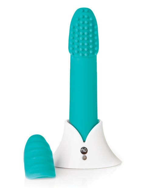 The teal blue Sensuelle Point Plus Vibrator with attachments in its stand.