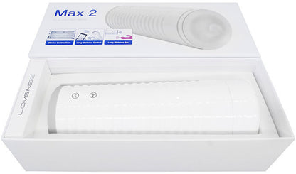 The Lovense Max 2 Bluetooth Vibrating Stroker sitting in its box.