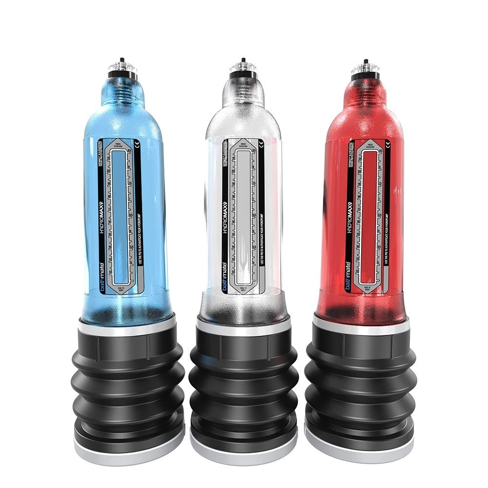 The Bathmate Hydromax Pump 9 in colors blue, clear and red.