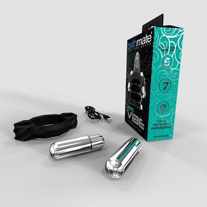 A display of the Bathmate HydroVibe Pump Vibrator with box and accessories. 