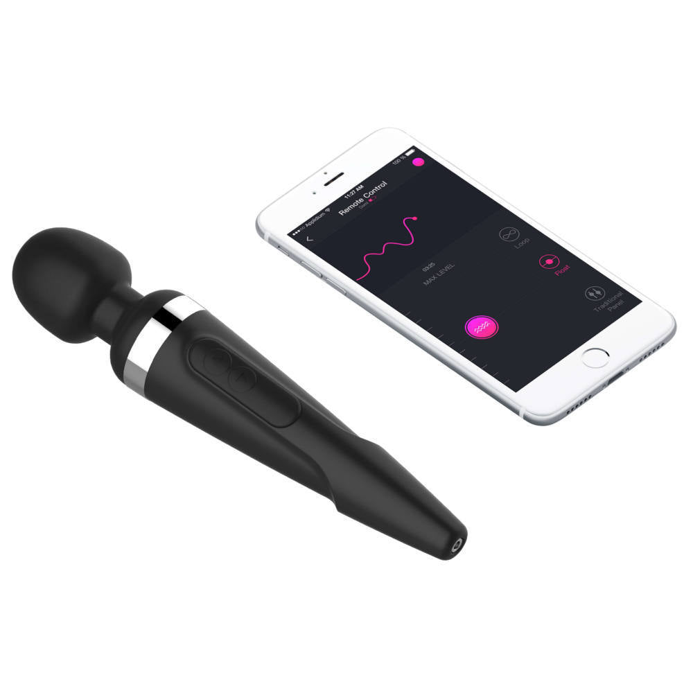 The Lovense Domi 2 Bluetooth Wand Vibrator next to a smartphone featuring the app.