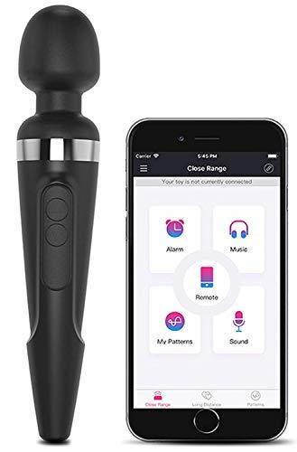 The Lovense Domi 2 Bluetooth Wand Vibrator next to a smartphone featuring the app.