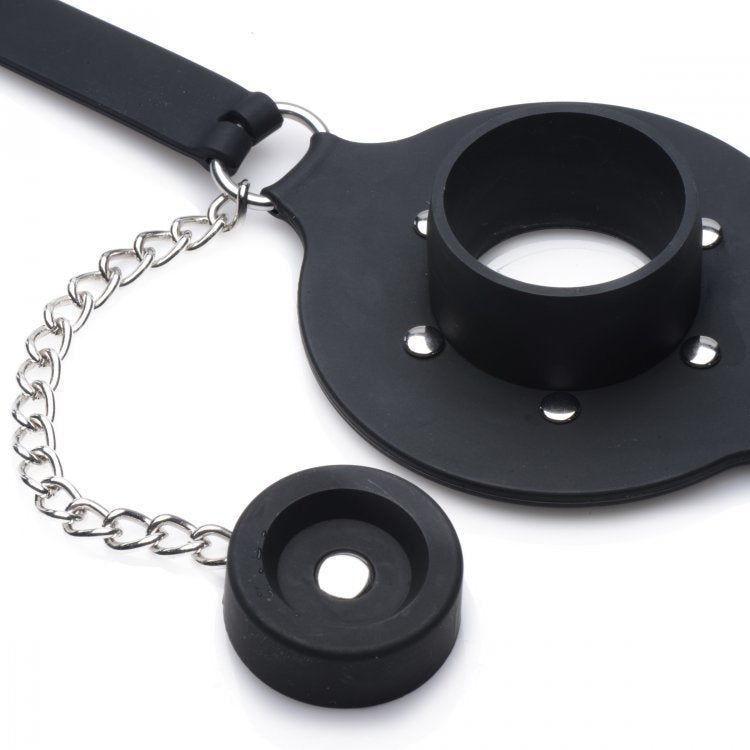 A close up of the back of the mouthpiece of the Pie Hole Silicone Feeding Gag.
