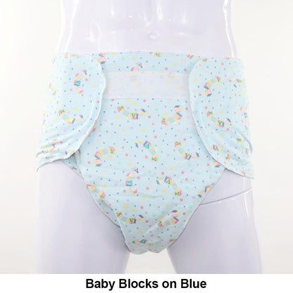 The Baby Blocks on Blue Velcro Diaper with Extra Padding.