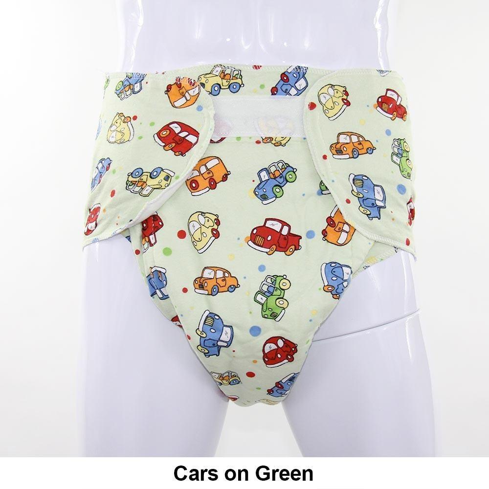 The Cars on Green  Velcro Diaper with Extra Padding.