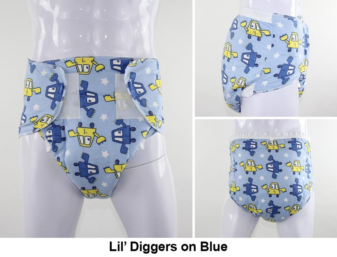 Lil' Diggers on Blue Velcro Diaper with Extra Padding.