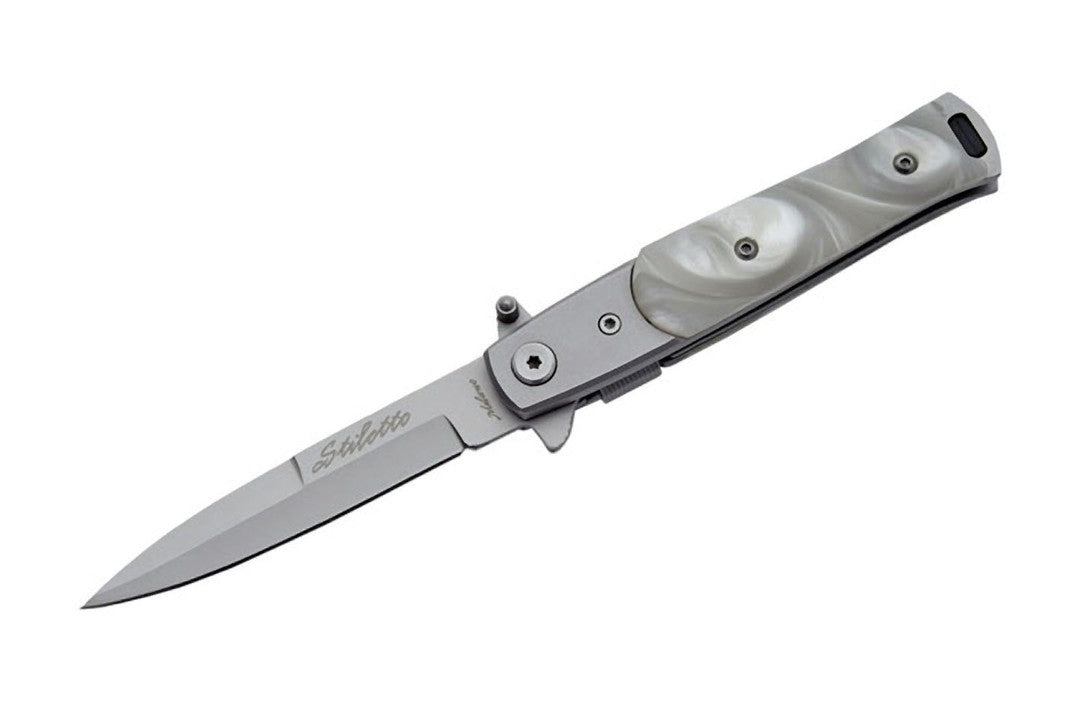 The Stiletto Type Folding Knife with white pearl handle.