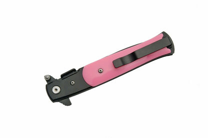 The Stiletto Type Folding Knife with black blade and pink handle in the closed position.