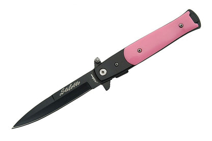 The Stiletto Type Folding Knife with black blade and pink handle.