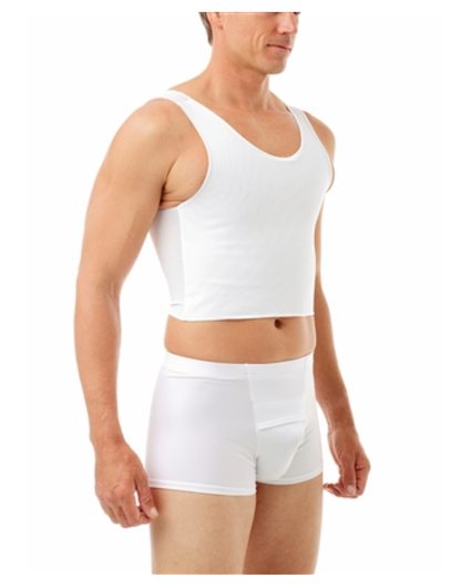 The front and right side of the white Tri-Top Cropped Chest Binder.