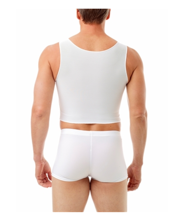 The back of the white Tri-Top Cropped Chest Binder.