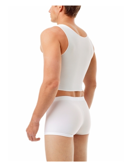 The back and left side of the white Tri-Top Cropped Chest Binder.