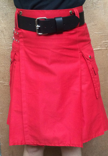 2" Leather Kilt Belt worn with red kilt, front view.