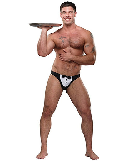 A model holding a serving tray and wearing the Maitre D Tuxedo Thong.