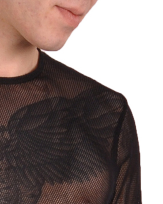 A close up of the material of the black Long Sleeve Basic Fishnet Shirt.
