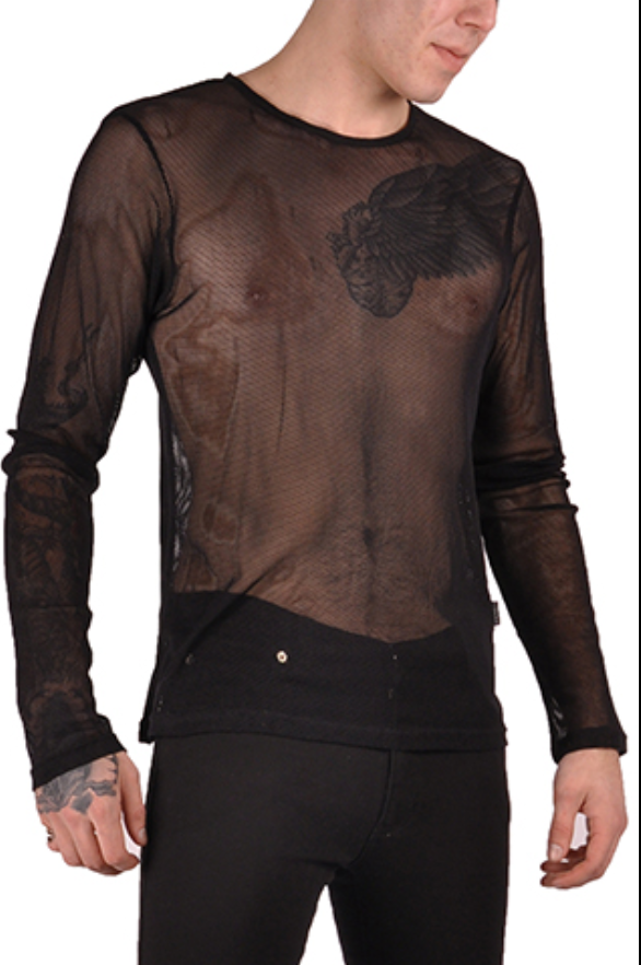 A model showing the front of the black Long Sleeve Basic Fishnet Shirt.