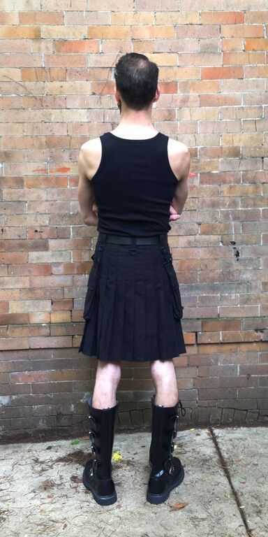 Model showing black heritage kilt from the rear.