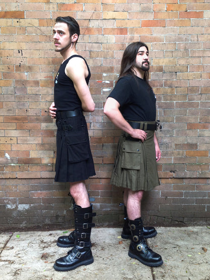 Two models wearing heritage kilts, side view.