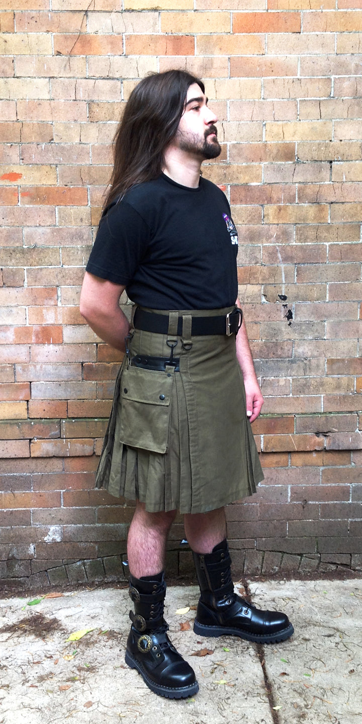 Model showing the right side of the green heritage kilt.