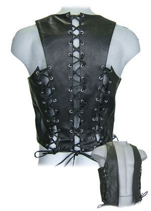 Black front & back lace cowhide bar vest with black laces on a mannequin.