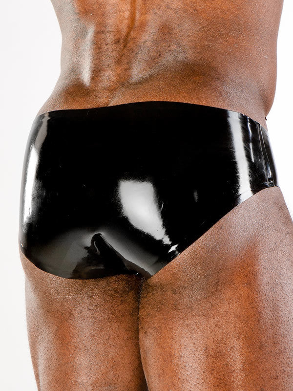 The black Latex Brief with Contrast Stripe, rear view.
