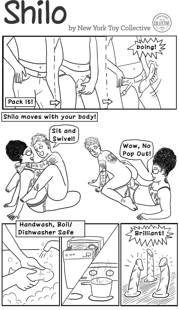 A cartoon that shows how to wear the Shilo Pack N Play Dildo.