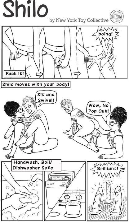 A cartoon that shows how to wear the Shilo Pack N Play Dildo.