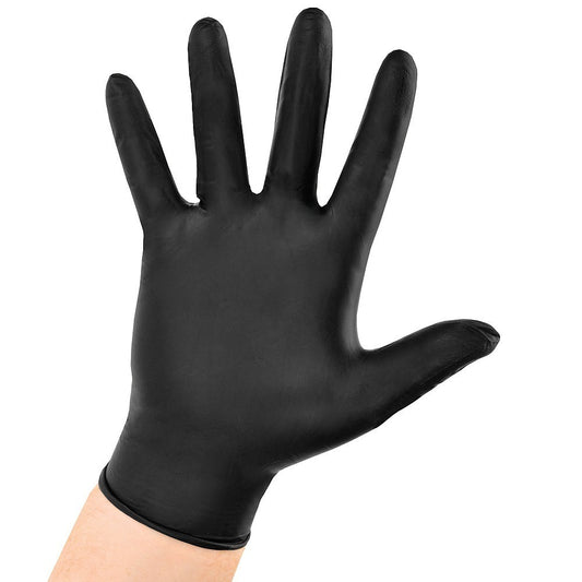 A model's hand in black 2nd skin nitrile glove.
