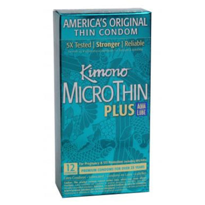 A box of 12 Kimono Micro Thin Plus Condoms.