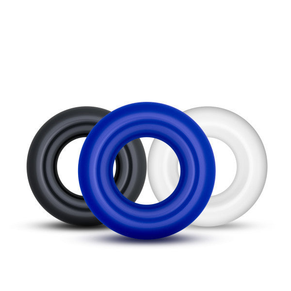 Donut Stretchy Cock Rings Blue, Clear, and Black View of O SHape.