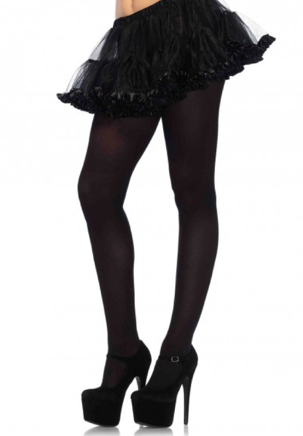 A model wearing the black Nylon Tights with a black petticoat and black platform heels.