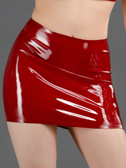 A model wearing the red Latex Mini Skirt, front view.