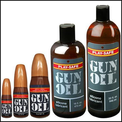 Five bottles of Gun Oil Silicone in various sizes.