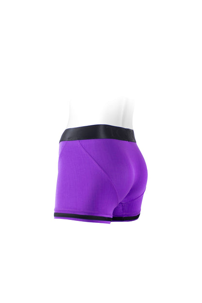 The side and back of the purple Tomboii Boxer Brief Harness on a mannequin. 