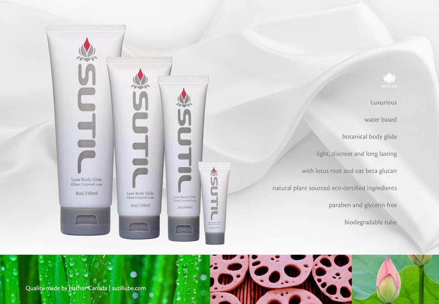 Four different sizes of Sutil Luxe Body Glide with the captions: Eco, Luxurious, water based, botanical body glide, light, discreet and long lasting with lotus root and oat beta glucan, natural plant sourced eco-certified ingredients, paraben and glycerine free, biodegradable tube.