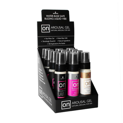 A display box with 10 bottles of On Arousal Gel For Her in the 3 different flavors.