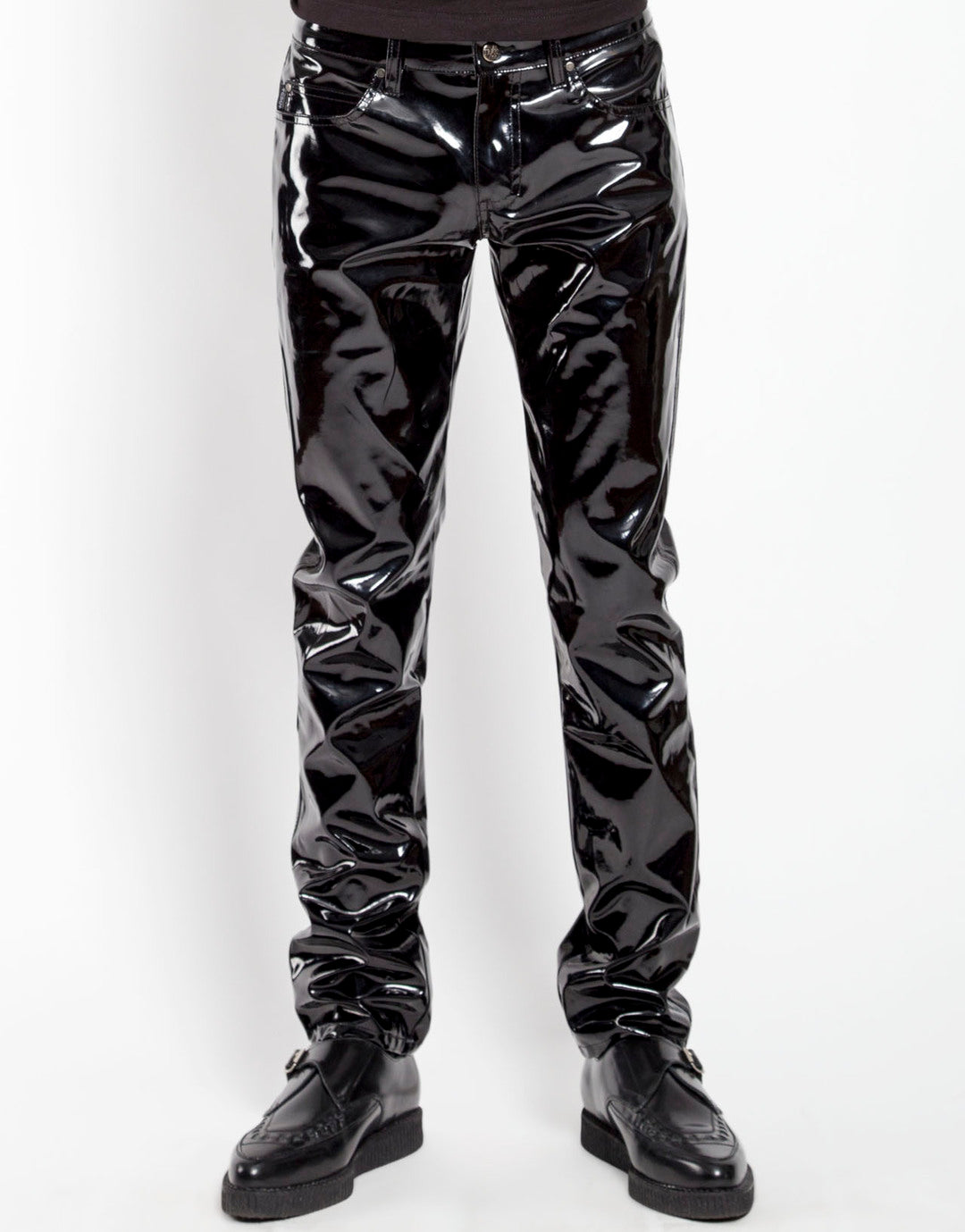 The The Classic Vinyl Pant on a model, front view.